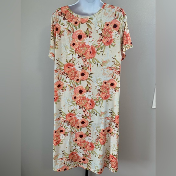 LuLaRoe Floral Short-Sleeve Swing Dress in Coral on Cream - Picture 2 of 16